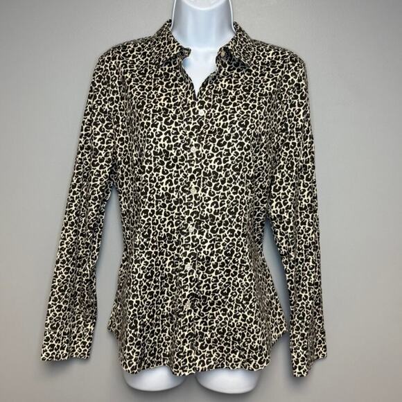 Talbots Petite Leopard Wrinkle Resistant Button Up Careerwear Top Womens Sz 14P - Picture 1 of 4